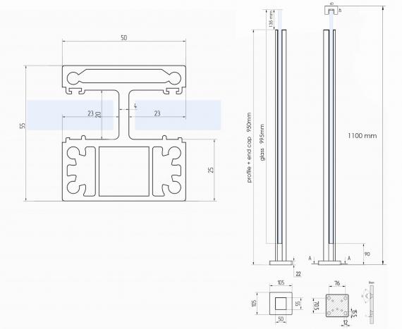 Foto Poste ranura 55x50mm CONEXIÓN, ALUMINIO EN BRUTO