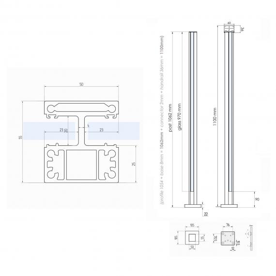 Foto Poste ranura 55x50mm CONEXIÓN con pasamanos, ALUMINIO EN BRUTO