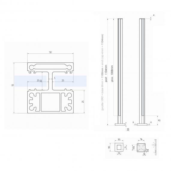 Foto Poste ranura 55x50mm CONEXIÓN con tapa, ALUMINIO EN BRUTO