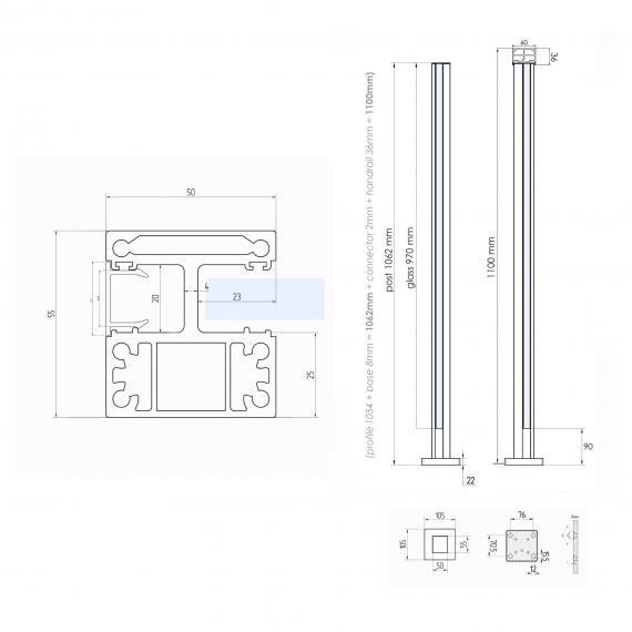 Foto Poste ranura 55x50mm DERECHO con pasamanos, ALUMINIO EN BRUTO