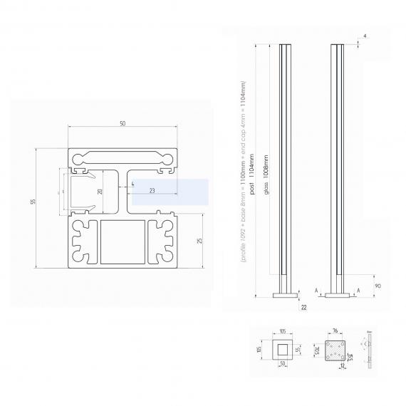 Foto Poste ranura 55x50mm DERECHO con tapa, ALUMINIO EN BRUTO