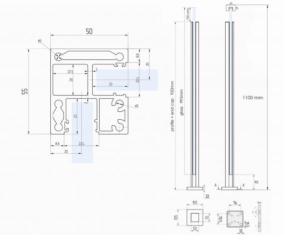 Foto Poste ranura 55x50mm ESQUINA, ALUMINIO EN BRUTO