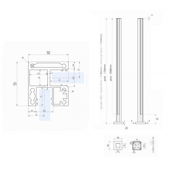 Foto Poste ranura 55x50mm ESQUINA con tapa, ALUMINIO EN BRUTO