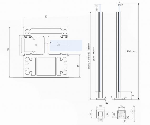 Foto Poste ranura 55x50mm IZQUIERDO, ALUMINIO EN BRUTO