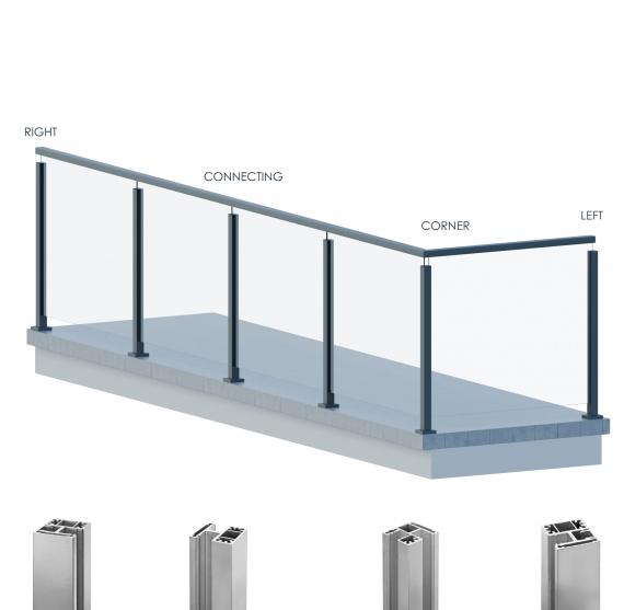 Foto Poste ranura 55x50mm IZQUIERDO con pasamanos, ALUMINIO EN BRUTO