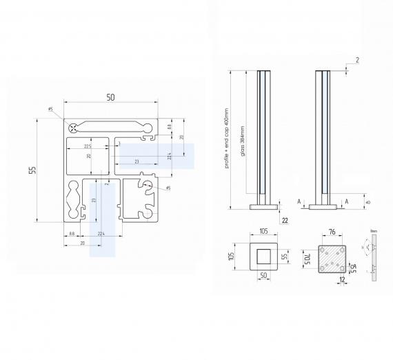 Foto Poste ranura MINI 400 mm esquina, aluminio