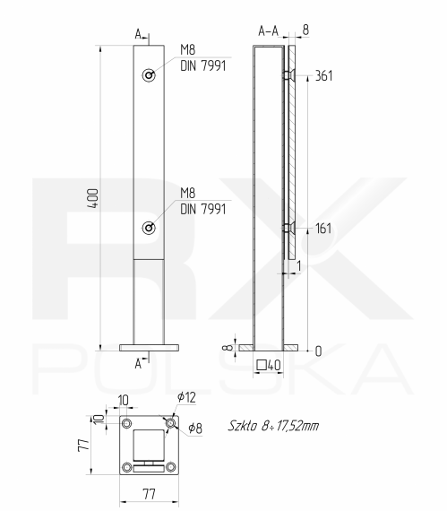 Foto POSTE ESCALERA 40×40 mm, H=400 mm, AISI 304, satinado