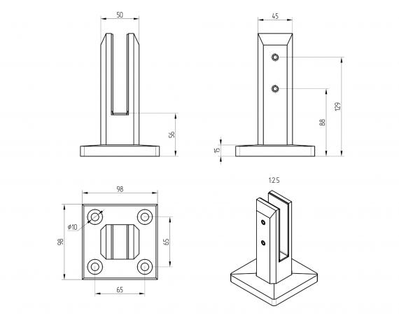 Foto Espiga 45x50 mm H=160 mm, vidrio 12-13,52 mm, AISI 316, SATINADO