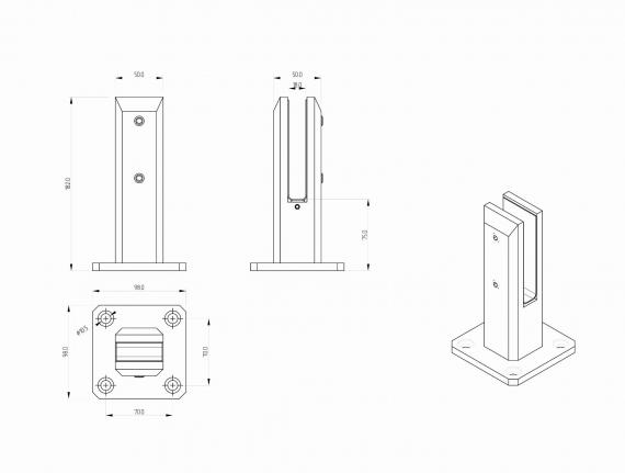 Foto Espiga 50x50 mm H=182 mm, vidrio 12-17,52 mm, AISI 304, SATINADO DORADO