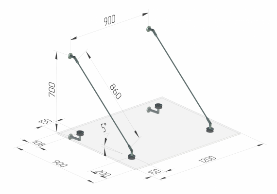Foto Fijación de marquesina CNP Ø 60 mm + VIDRIO 66.4 VSG/ESG 1200x900 mm, AISI 304, SATINADO