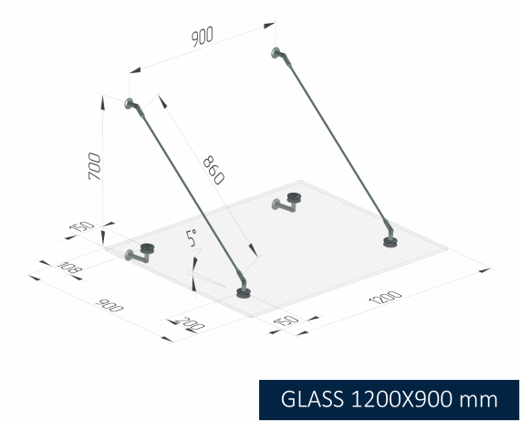 Foto Fijación de marquesina CNP Ø 60 mm + VIDRIO 66.4 VSG/ESG 1200x900 mm, AISI 304, SATINADO