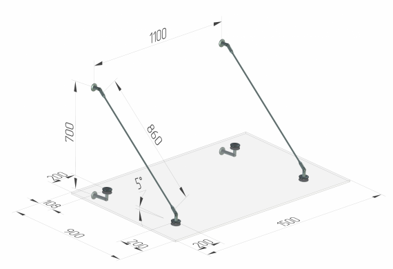 Foto Fijación de marquesina CNP Ø 60 mm + VIDRIO 66.4 VSG/ESG 1500x900 mm, AISI 304, SATINADO