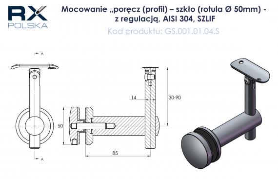 Foto Fijación pasamanos (perfil) – vidrio (rótula Ø 50mm), AISI 304, SATINADO