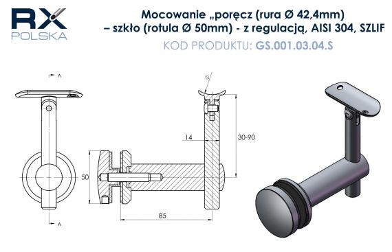 Foto Fijación pasamanos (tubo Ø 42,4mm) – vidrio (rótula Ø 50mm), AISI 304, SATINADO