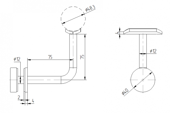 Foto Fijación pasamanos (tubo Ø 48,3mm) – vidrio (rótula Ø 40mm), AISI 304, SATINADO