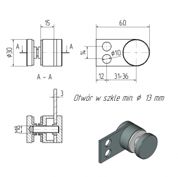 Fijación puntual de vidrio sobre plana 60x30 mm, AISI 304, SATINADO
