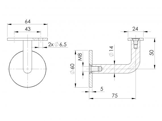 Foto Fijaciones pared–barandilla (perfil), AISI 304, SATINADO