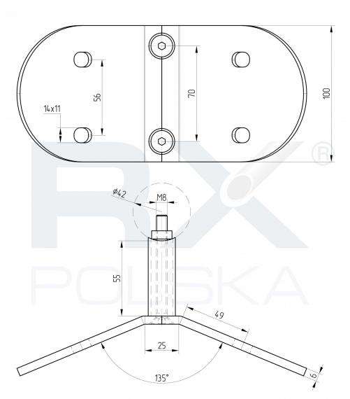 Foto Montaje lateral del poste Ø42,4mm - 135° AISI 304, SATINADO