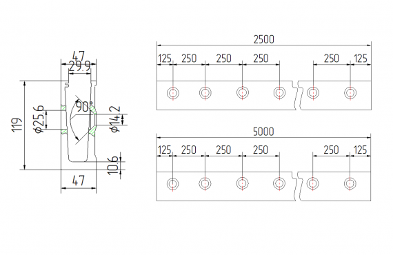 Foto Perfil de aluminio para vidrio, fijación lateral / 2,5 m, PARA PINTURA EN POLVO