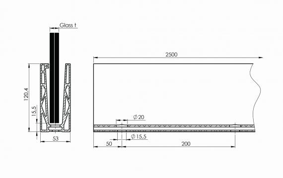 Foto Perfil de aluminio para vidrio - fijación superior U2 / 2,5 m