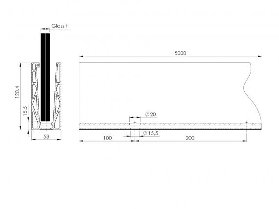 Foto Perfil de aluminio para vidrio - fijación superior U2 / 5 m