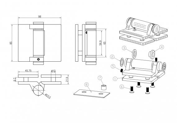 Foto Bisagra 180° vidrio–vidrio 12–12,76 mm, AISI 316, acabado satinado