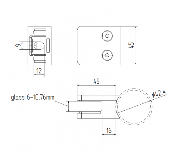 Foto Pinzas para vidrio45x45 para tubería de 42,4 mm, ZAMAK, EN BRUTO