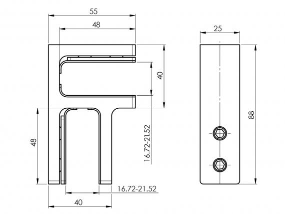 Foto Pinzas para vidrio88x55x40mm vidrio 16,76-21,52mm, AISI 316, RAL 9005 MATE