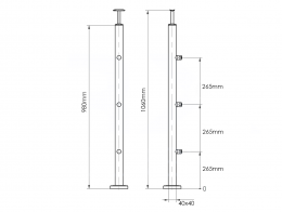 Poste 40x40 mm 1060 con 3 soportes de travesaño para tubo 12 mm, AISI 304, SATINADO