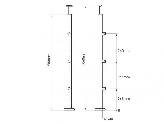 Foto Poste 40x40 mm 1060 mm con 3 soportes de travesaño para tubo de 12 mm, AISI 304, SATINADO