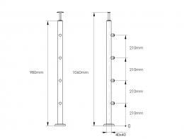 Poste 40x40 mm 1060 con 4 soportes de travesaño para tubo 12 mm, AISI 304, SATINADO