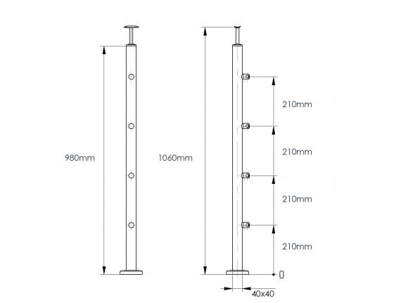 Foto Poste 40x40 mm 1060 mm con 4 soportes de travesaño para tubo de 12 mm, AISI 304, SATINADO