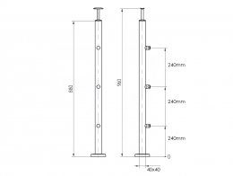 Poste 40x40 mm 960 con 3 soportes de travesaño para tubo 12 mm, AISI 304, SATINADO