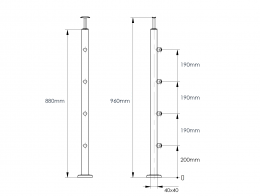 Poste 40x40 mm 960 con 4 soportes de travesaño para tubo 12 mm, AISI 304, SATINADO