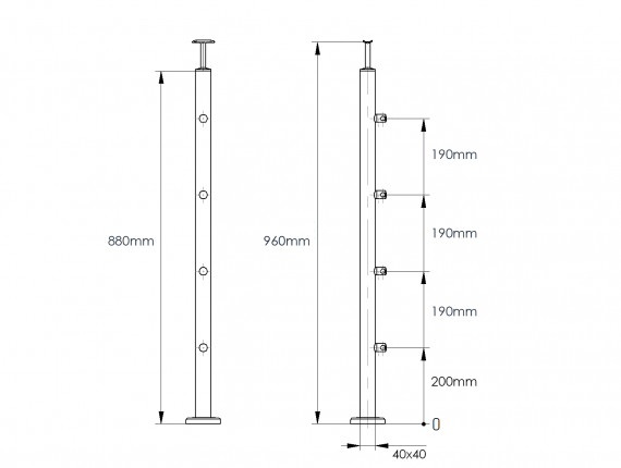 Foto Poste 40x40 mm 960 mm con 4 soportes de travesaño para tubo de 12 mm, AISI 304, SATINADO