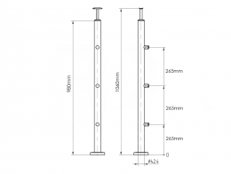 Poste Ø42,4 mm 1060 con 3 soportes de travesaño para tubo 12 mm, AISI 316, SATINADO