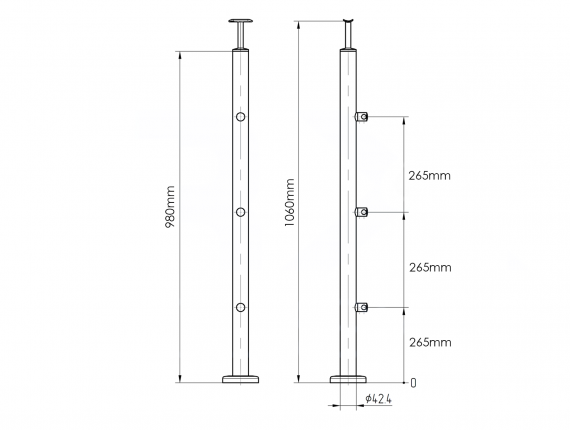 Foto Poste Ø42,4 mm 1060 mm con 3 soportes de travesaño para tubo de 12 mm, AISI 316, SATINADO