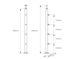 Poste Ø42,4 mm 1060 con 4 soportes de travesaño para tubo 12 mm, AISI 304, SATINADO
