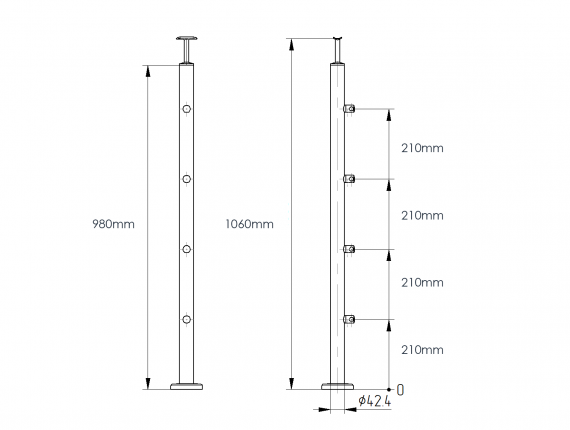 Foto Poste Ø42,4 mm 1060 mm con 4 soportes de travesaño para tubo de 12 mm, AISI 304, SATINADO