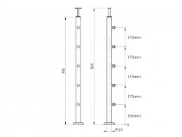 Poste Ø42,4 mm 1060 con 5 soportes de travesaño para tubo 12 mm, AISI 304, SATINADO