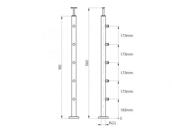 Foto Poste Ø42,4 mm 1060 mm con 5 soportes de travesaño para tubo de 12 mm, AISI 304, SATINADO
