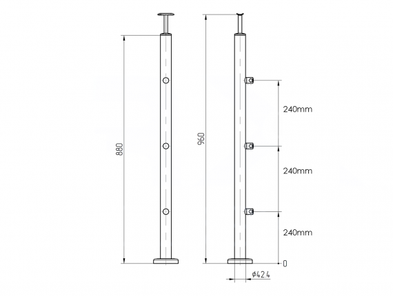 Foto Poste Ø42,4 mm 960 mm con 3 soportes de travesaño para tubo de 12 mm, AISI 304, Pulido