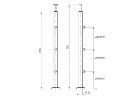 Poste Ø42,4 mm 960 con 3 soportes de travesaño para tubo 12 mm, AISI 304, SATINADO