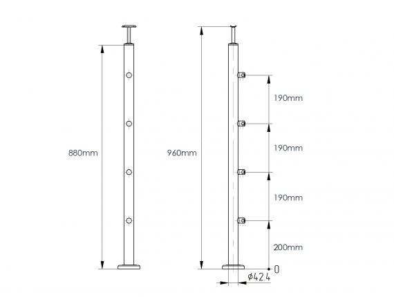 Foto Poste 42,4mm 960mm con 4 soportes para barras transversales para tubo 12mm, AISI 304, Pulido