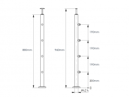 Poste 42,4mm 960mm con 4 soportes para barras transversales tubo 12mm, AISI 304, SATINADO