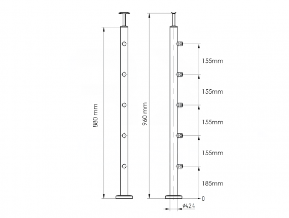 Foto Poste 42,4mm 960mm con 5 soportes para barras transversales para tubo 12mm, AISI 304, Pulido
