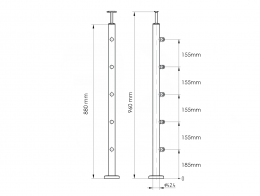 Poste 42,4mm 960mm con 5 soportes para barras transversales tubo 12mm, AISI 304, SATINADO