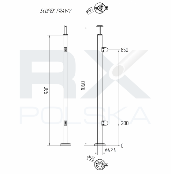 Foto Poste Ø 42,4mm 960mm DERECHO, AISI 304, SATINADO