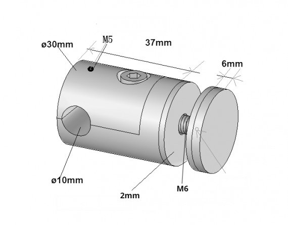 Foto Soporte de vidrio Ø30/37 mm M6 con orificio para tubo Ø10 mm, AISI 316, SATINADO