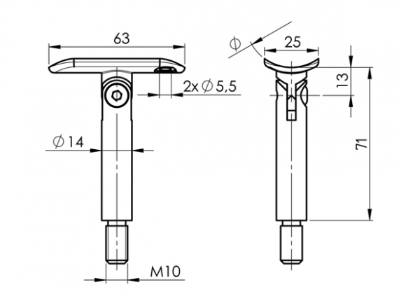 Foto Soporte para pasamanos flexible 14x70 mm/42,4 mm, rosca M10, AISI 304, SATINADO